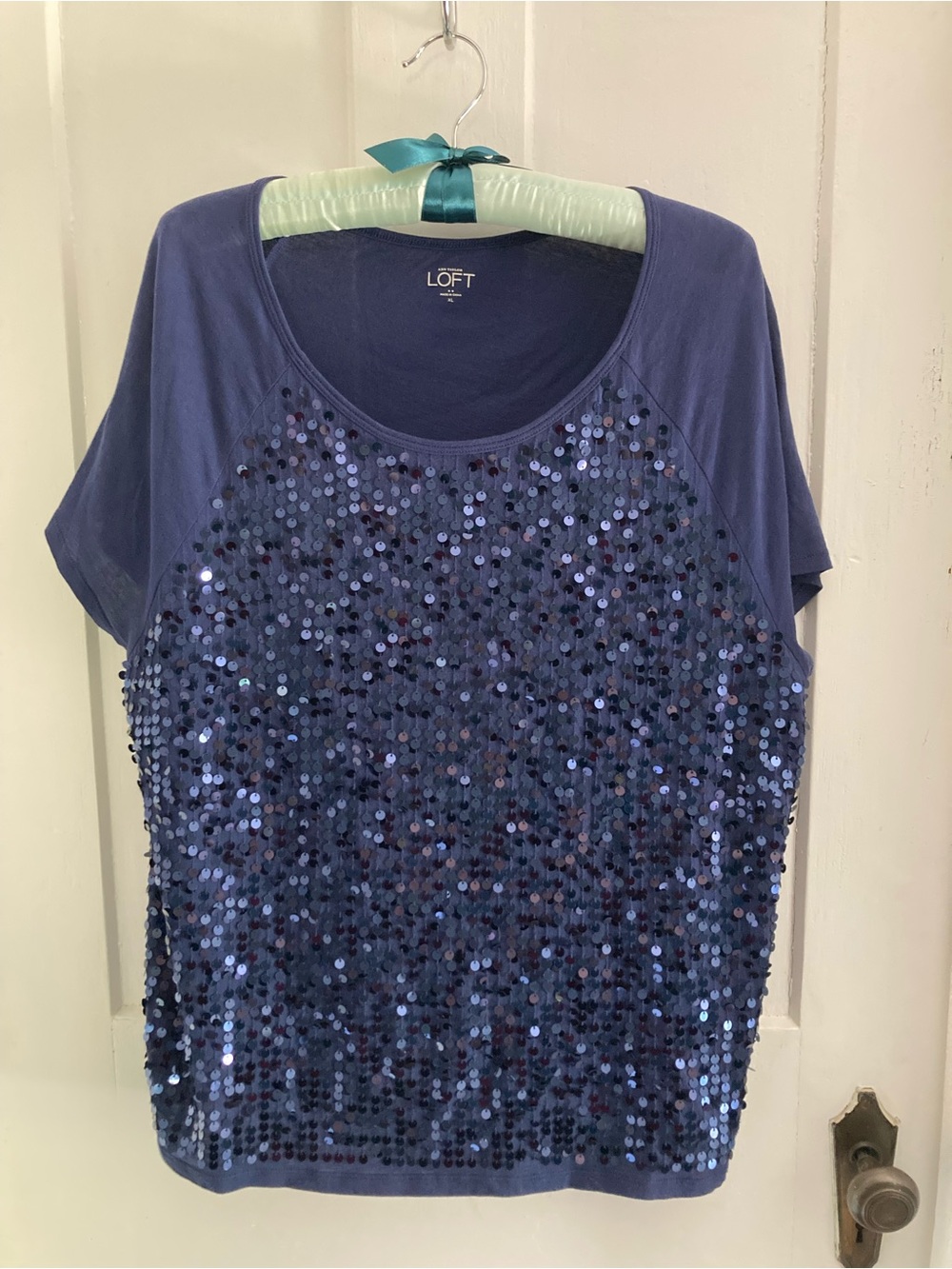 LOFT Navy Blue Short Sleeve Sequin Front Tee